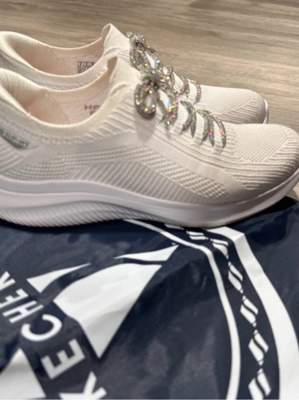 Skechers Women's Slip-On Knit Sneakers in White with Metallic Laces - Picture 3 of 5